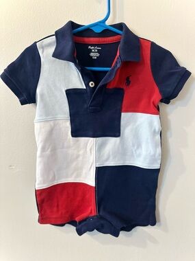 🇺🇸 Ralph Lauren Colorblock Baby Polo Romper in Navy, Red & White